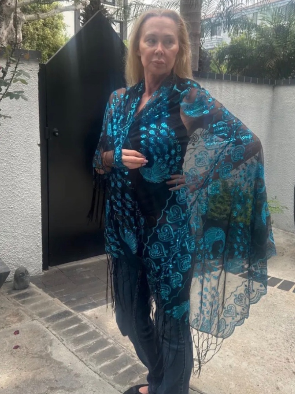 Sequin peacock kimono, Burnout, black, Blue sequin, Semi Sheer, fringed,Handmade